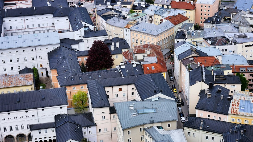 Aerial view of dense apartment buildings in a Swiss city