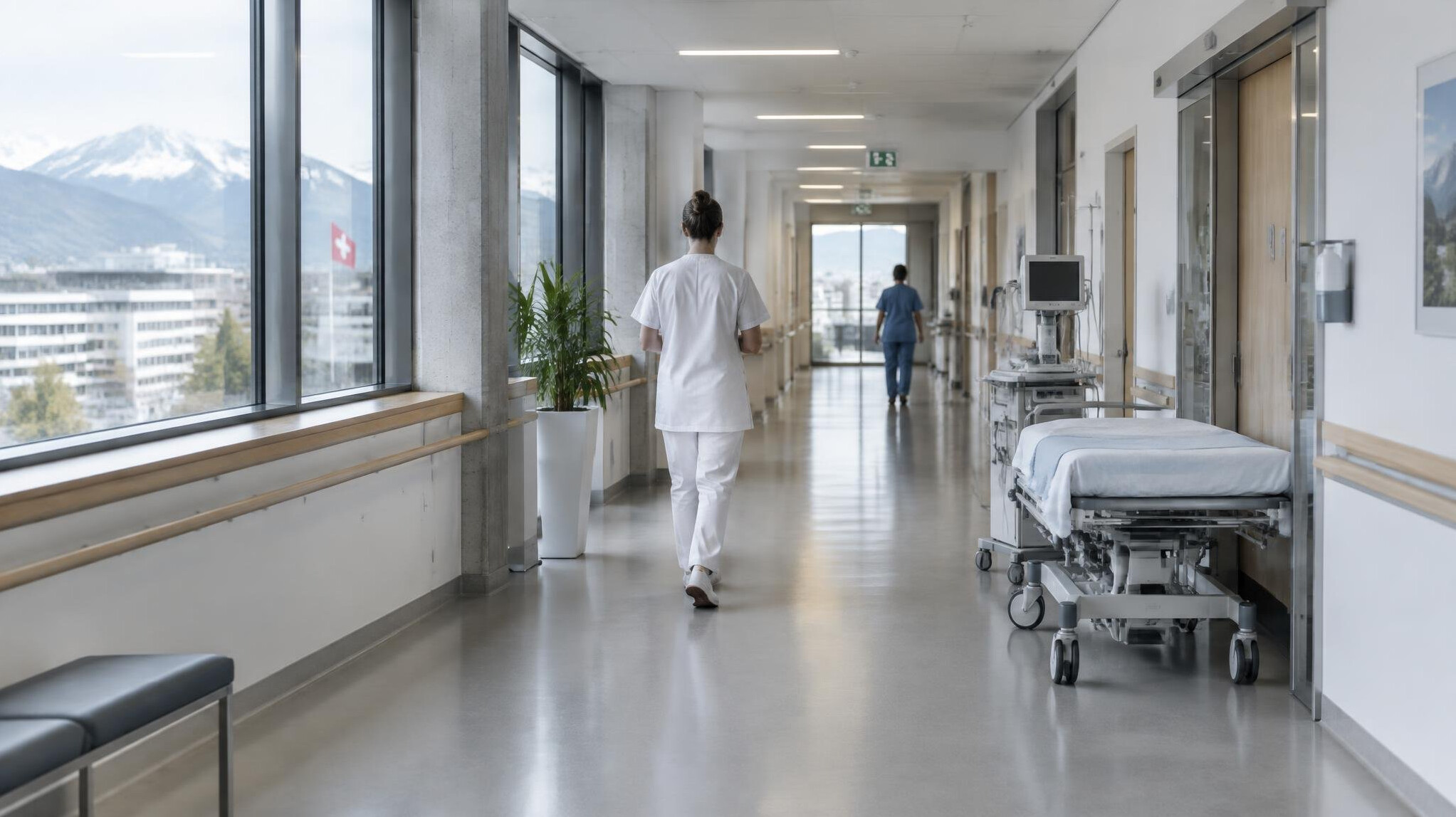 Hospital corridor with medical staff walking