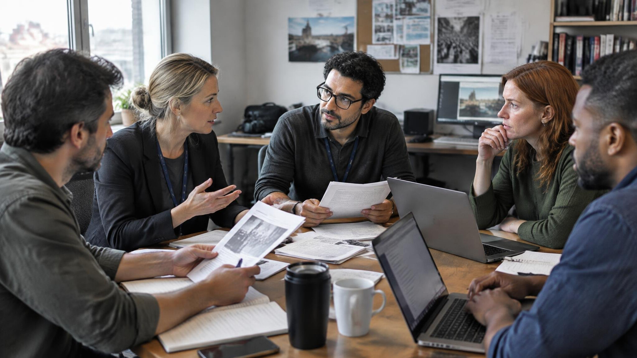 Small newsroom team discussing documents around a table