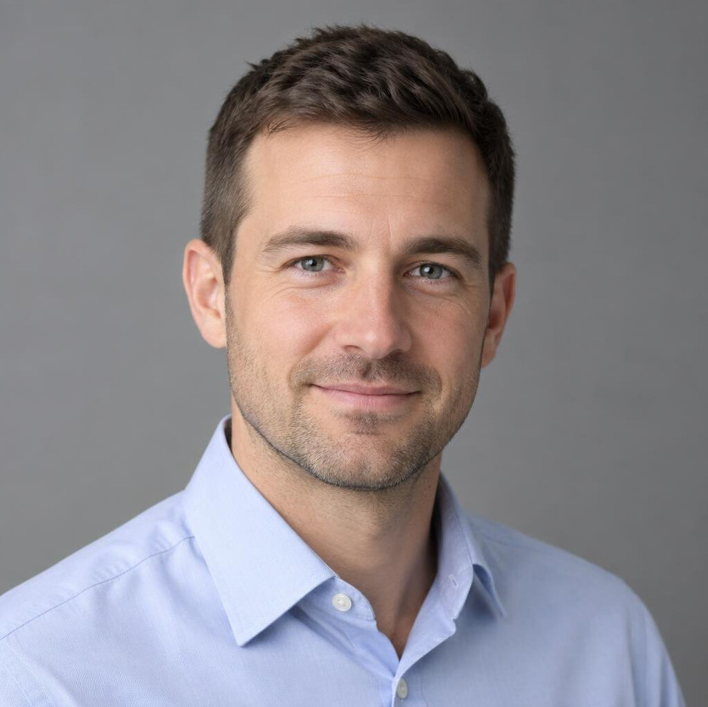 Studio portrait of a Swiss-European man in his 30s, investigations editor